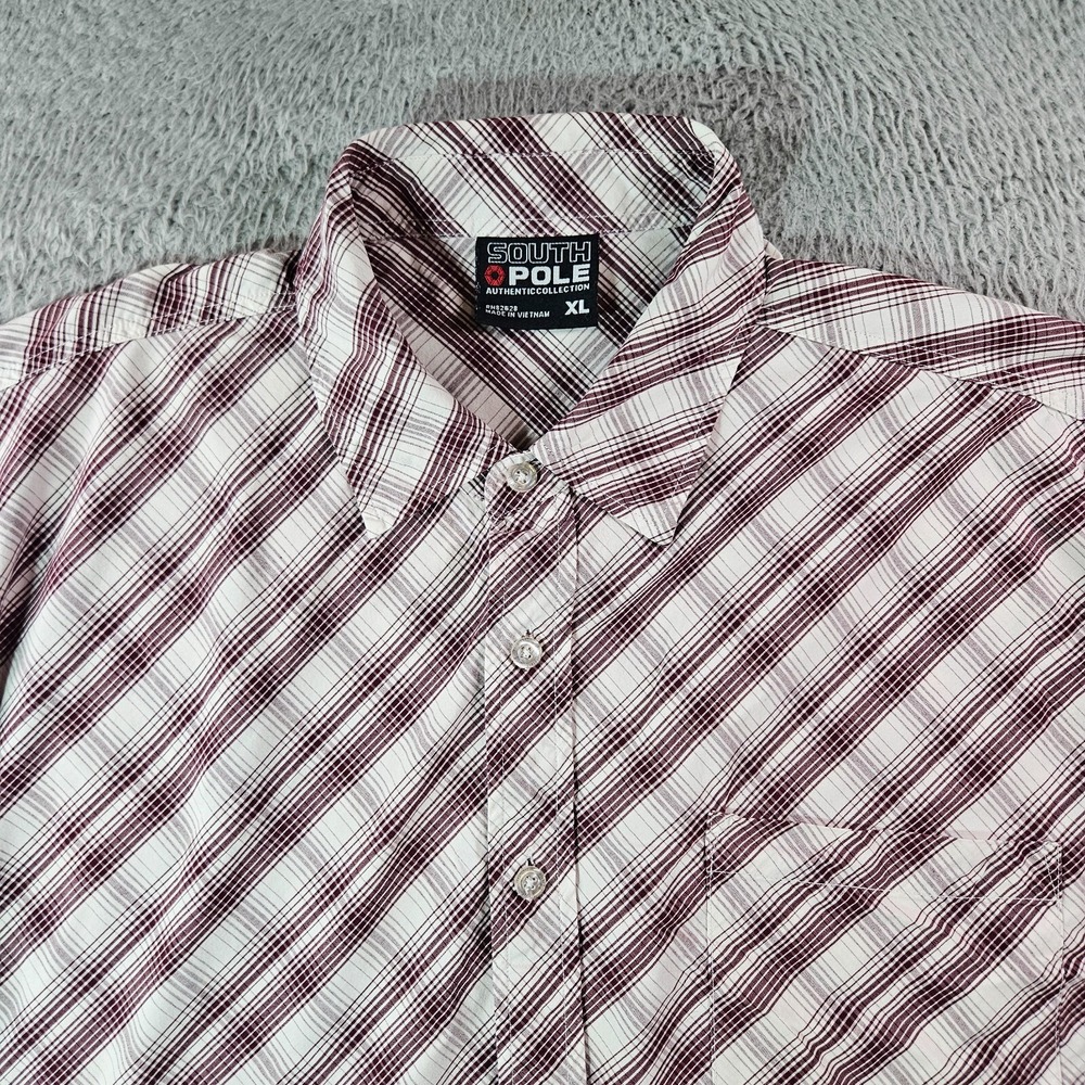 South Pole‎ Shirt Men XL Button Up Short Sleeve Maroon White Plaid